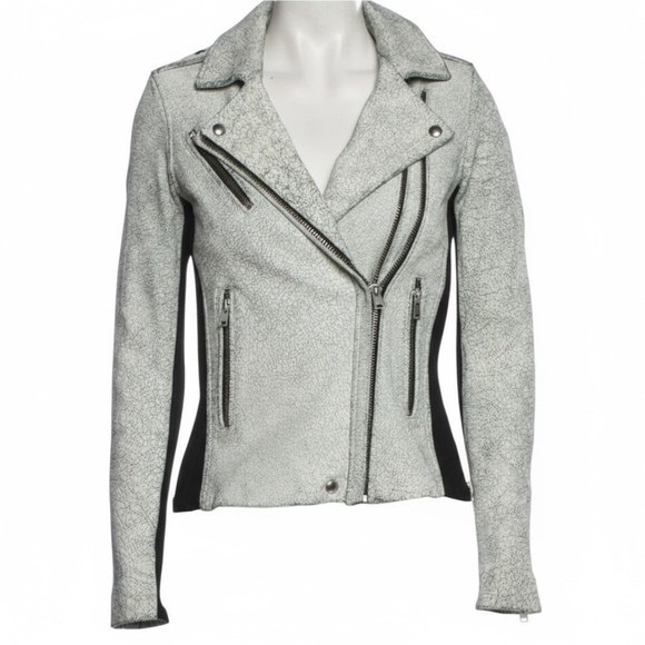 IRO Ilaria Ribbed Knit Paneled Cracked 100% Lamb Leather Moto Jacket‎ Small NEW - Picture 2 of 12